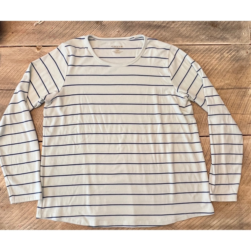 Orvis Perfect Tee Long Sleeve Women XL Blue Striped Excellent Pima Cotton Modal